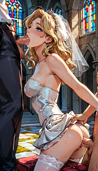 high resolution, high quality, the girl resists but huge cocks penetrate her mouth and ass, tears in her eyes, hair disheveled, dirt sweat on her skin, young beautiful girl 18 years old, skinny, wedding dress, white corset, wedding veil, white lace gloves, girl shows her pussy by lifting up her skirt, lifted skirt, no panties, pubic hair, show breasts, white stockings, medium breasts, long wavy blonde hair, sperm drips from the mouth onto the chest and the floor, Group sex, hetero couple, hetero sex, 1girl, man's, erect penis, anal sex, double penetration, deepthroat, vaginal, naked mole rat watching, church building in the background, many people in the background, sunlight, score_9, score_8_up, score_7_up, score_6_up, (j_cartoon:1.3), Drawing, <lora:samdoesarts1.1-000030:.3>, <lora:J_cartoon:.3>, <lora:Animated_Concept:.3>