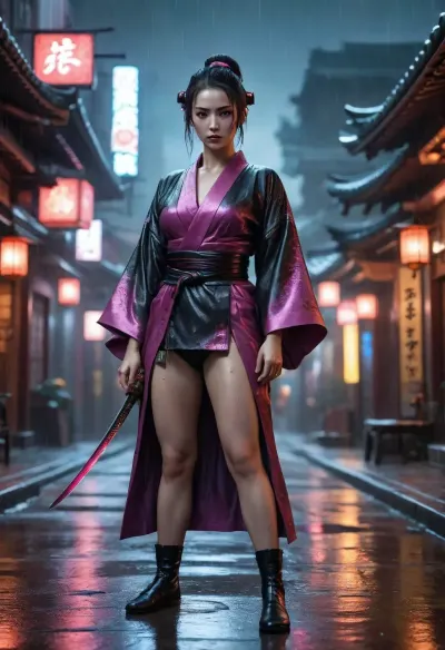 Image of a woman created with a high level of detail and a glossy, hyper-realistic quality typical of fantasy art. A gorgeous cyberpunk model, she is dressed in a modernized geisha kimono outfit, her outfit accentuates her figure and is quite revealing, reflects light and glitters. realistic. rainy day, wet, dripping water. she is standing against the backdrop of a Japanese temple. epic masterpiece, cinematic experience, Cyberpunk 2077 8k, fantasy digital art, HDR, UHD. This contrast between the fantastic character and the more traditional color scheme and elements gives the picture an intriguing narrative character. The woman is performing a kung-fu squat and looks at the camera, stretching one leg towards the camera, her legs are toned, her cleavage is exposed, she is weilding a samurai sword. The scene includes neon lighting typical of a cyberpunk future megacity.