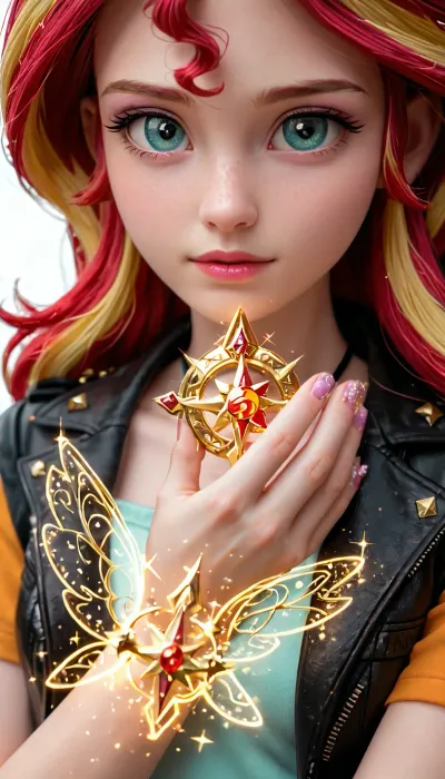 Starlight Glimmer, Sunset Shimmer and Sparkle, Equestria girls and my little pony, double exposure, soft light, glitter, fractals, gl0w1ngR, FanLan, <lora:add-detail-xl:.8>