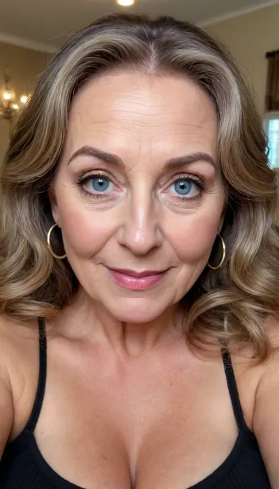 old granny mature, sexy 71 years old granny, brown balayage hair, long wave hair, glamour, big hoop earrings, big eyes, wide shoulders, thick body, chubby, huge big saggy tits, extreme saggy big boobs, looking at the camera, cute sexy smile face, huge blue eyes, very hot and horny, seduction horny, selfie