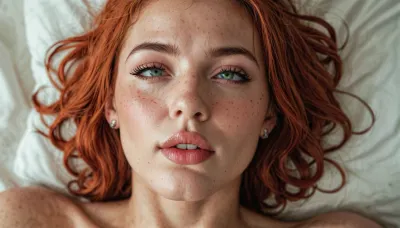 totally horny bondaged and slim 25 year old woman with tousled shaggy messy red hair and green eyes and big boobs and pale skin and red makeup getting fucked roughly man in her favorite position, orgasm face, moaning, perfect eyes, rolling eyes, perfect face, freckles, topless, perfect nipples, red hair, puffy nipples, large areola, teardrop breasts, hetero, on the bed, cinematic lighting