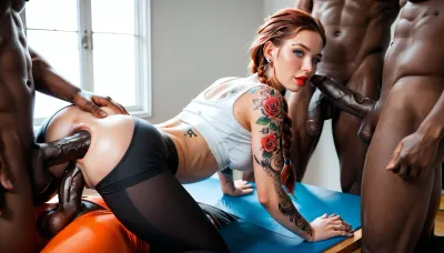 (women with gorgeous rounded tits and bubble butt clothed in croptop and yoga leggings at the gym gangbanged by double anal by dark skinned males:1.5), tattoos on whole body, auburn hair, long braided ponytail, red lip gloss, piercing, looking on viewer, piercing on belly, loop earrings, colored tattoos, fullbody, nude, modern Tattoos, Short, Tattoos, leg tattoos, tattoos on both legs and arms, nsfw, whole body view, spread legs, legs apart, dark skinned male, huge black cock, deep penetration, xxl black big dick, balls deep anal, Enormous huge black cock, anal, double anal, dp, 1 swedish white woman, ((very big boobs)), enormous tits, heavy breast, woman has white skin, ((perfect skinny body)), ((perfect nice model face)), ((five very black nigga)), very black muscular perfect guys, gangbang, multiple boys, (intercourse), looking at viewer, lips, 5+boys, multiple penises, perfect skin, perfect face, supermodel, pretty face, pretty light blue eyes, fearful face, masterpiece, backlighting lighting, real life, RAW photo, subject, 8k uhd, soft lighting, high quality, film grain, realistic, 1girl, black venous detailed big penis
