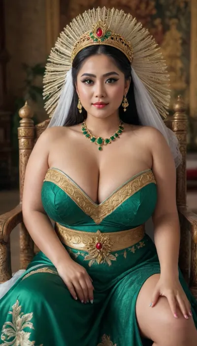 A beautiful woman, (ethnicity, Bali), wearing traditional Javanese wedding attire, (detailed clothing:1.2), emerald green dress adorned with intricate patterns, silver belt, (accessories:1.1), elaborate headdress featuring ornate gold and jewels, floral decorations, (photo model), (realistic), (masterpiece), (chubby:1.1), (perfect body anatomy), (perfect all fingers), centered in the frame, facing the viewer, (sexy chubby body shape), (plump body), natural very big breasts, natural very big tits, ultra realistic photo, realistic, hyperdetailed photograph, slight smile, (expression:1.2), facing the viewer directly, sitting gracefully on a gilded chair, (detailed environment:1.2), studio portrait, vibrant emerald green, gold, and white color palette, photorealistic style, high detail, traditional Indonesian bridal style, formal portrait, (detailed headdress design:1.3), (jewelry detail:1.2), well-lit, refined composition, shallow depth of field, 8k resolution, <lora:milkers_v2:.5>