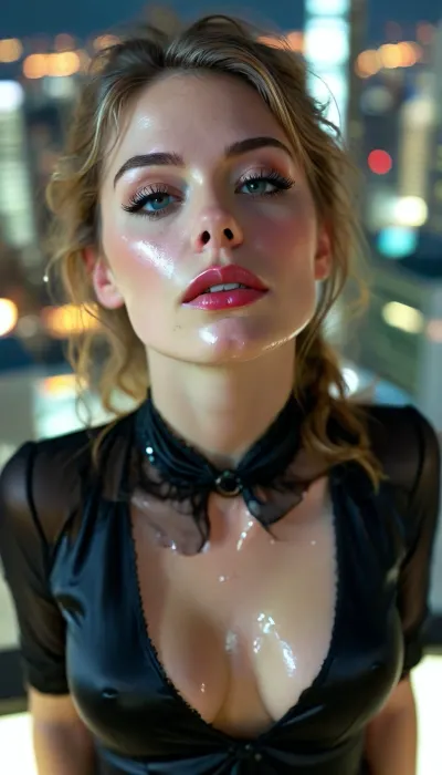 Close up, Stunning 30 year old cum covered secretary, on knees looking up at viewer in high rise office at night over looking a city, ((has just taken a massive cum facial)), hair tied up, tight black satin blouse, ((cum on face, cum on blouse, cum everywhere)), pov viewer looking down on her from above, sexy expression, woman, cum, on, face, <lora:MJ52:.2>, <lora:BUT_SDXL_SHS:.9>, <lora:add-detail-xl:1.7>, <lora:CinematicStyle_v1:2>, <lora:JustCum:2>