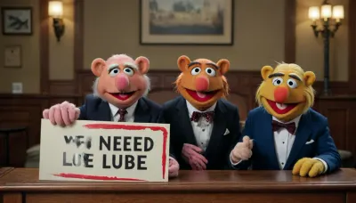 (Two old grandpas in "The muppets" style, looking at viewer), (in the other hand he's holding up a small sign with text "WE NEED MORE LUBE!!!":1.5), sitting in armchair, in a classic Bureau, wearing suits, action, shot, logo, text, sign, that, says, the, word, <lora:BetterTextRedmond:2>, <lora:texta:2>