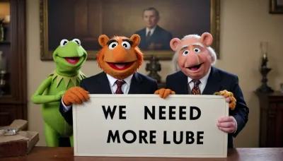 (Two old grandpas in "The muppets" style, looking at viewer), (in the other hand he's holding up a small sign with text "WE NEED MORE LUBE!!!":1.5), sitting in armchair, in a classic Bureau, wearing suits, action, shot, logo, text, sign, that, says, the, word, <lora:BetterTextRedmond:2>, <lora:texta:2>