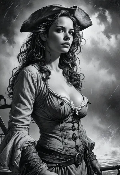 (Line art:2), ink drawing, Cowboy shot, Pirate Queen — Helm in the Storm 17th-century busty gorgeous pirate captain at the helm of her ship during a storm at night in the darkness, undone linen shirt over a corset, very large breasts with enormous areolae and puffy nipples, upper torso and a hint of cleavage visible exposed boobs, wind-torn coat, braless, Wearing, clothes, that, make, sense, with, Braless>, 7-FineLine, Inkdrawing, <lora:MJ52:2>, <lora:bralessSDXL_v1_00022:1.3>, <lora:Fine Line v1.0:2>, <lora:SDXL_Inkdrawing_v1:2>