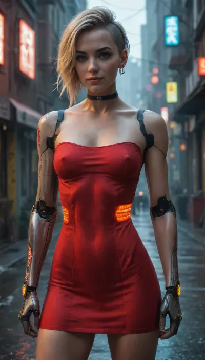 (extremely 8k wallpaper:1.2), (masterpiece, best quality), (illustration:.9), (soft lighting:.7), (toned:1.2), (smug, smirk:.9), cyberpunk aesthetic, neon reflections, high-tech cityscape, cyberpunk girl, (small tits:1.2), solo focus, (muscular:1.2), thin waist, (black chocker:1.2), blonde hair undercut, (left cybernetic arm with glowing circuits:1.4), (tattoo:1.2), (red high-tech dress with neon accents:1.3), futuristic neon-lit alley, raindrops reflecting vibrant colors, digital holograms flickering around, rainy cyberpunk atmosphere