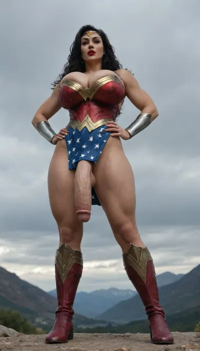 (futanari woman), (wonder woman), (standing strong on the very top of Mount Olympus), (mountain top), (glowing lasso), (very wide stance), (hands clenched), (hands on hips), (huge breasts), (very attractive), (wonder woman boots), (pretty face), (sexy), (muscular legs), (red lipstick), (perfect makeup), (huge round breasts), (large penis), (very long straight black hair), (huge cleavage:1.3), (full body), (dynamic pose), (low view:1.4)