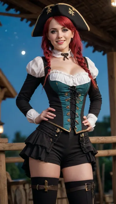 masterpiece, best quality, 1girl, solo, defnlu, red hair, low twintails, sidelocks, parted bangs, blunt bangs, pirate costume, eyepatch, tricorn hat, ruffled blouse, corset, high-waist pants, t1k1, bar, (place), outdoors, counter, bar stool, hands on hips, aqua eyes, very long hair, thigh boots, thatched roof, night, starry sky, looking at viewer, from below, closed mouth, smile