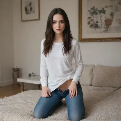 beautiful girl, 20 years old, very long straight hair, black hair, sensual expression, angelical face, big brown eyes, realistically detailed eyes, pale skin, sexy slim body, big round butt, small round breasts, detailed face, perfect face, pose in the living room, wearing pants jeans and white shirt, front view, full all body view, high quality, professional picture, masterpiece, ultra-realistic, pale, skin, <lora:523419_training_data:1.5>, <lora:Pale_Skin_SDXL_v1.0:1.8>, <lora:Her_Eyes:1>