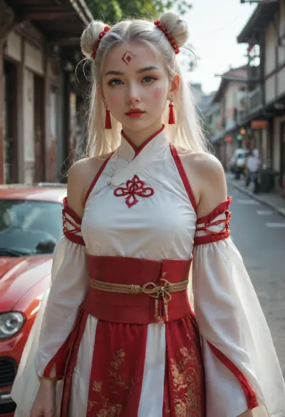 dynamic shot, painting, (medium), 1girl, solo, long hair, white hair, hair ornament, detached sleeves, multicolored hair, dress, bangs, facial mark, green eyes, Japanese clothes, earrings, hair bun, jewelry, red lips, red nails, very long hair, double bun, forehead mark, hair rings, white thighhighs, red shoes, portrait shot. Formula one car in background, outdoors, Asia, Asian