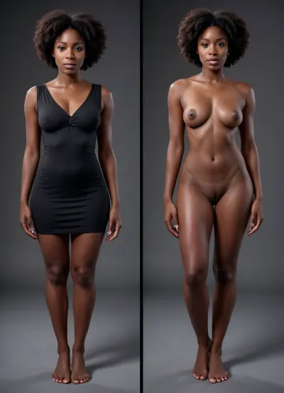 Two pics of very dark black woman, front wiew, full body wiew, onoff, <lora:OnoffXL_ExtraCrispy:.8>, (basic\)