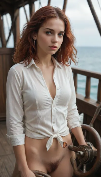 young woman, 18 years old, French, long red hair, blowing in the wind, frontal, very hairy pussy, standing on the deck of a medieval ship, white unbuttoned shirt, steering wheel in the background, pirates