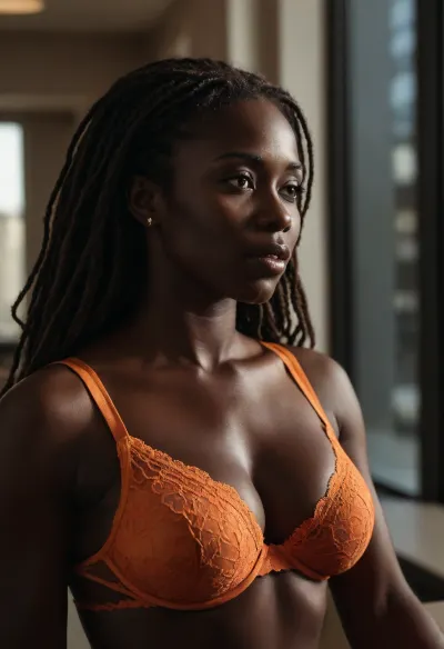 old milf, (very dark skin:1.7), ebony woman, nigerian woman, long brown africa dreads, huge saggy natural breasts, wearing a sexy set of orange lace lingerie. side view, Corporate setting, soft shadows, sunlight streaming through windows, modern office, blurred employees in the background watching, Photorealistic style, ultra-detailed, 8k resolution, cinematic lighting, high contrast, realistic skin textures, detailed anatomy, soft bokeh effects, dynamic composition