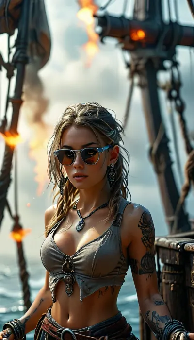 14 century, full body view of a solo beautiful 19 years old flat-chested slender female pirate being on pirate sailing ship, (working on wooden pirate sailing ship:1.6), blonde dreadlocks, wears highly detailed typical pirate clothing from the 14th century, a headscarf under the pirate hat, open dirty cotton shirt, red vest with embroidery, coarse brown rolled-up trousers, bare midriff, brown leather boots, large earrings, full-body tattoos, holds pirate saber, (dark sunglasses with small round silver frame:1.6), dirty, slutty, naughty thoughts, seductive, lustful, needy, aroused, (lascivious posing:1.6), shows her sexy pulsating pussy, various perspectives, naughty posing, all over tattooed, dreadlocks, small butt, black storm clouds, surprised, she looks up at a huge round and illuminated spaceship which flys far away through the clouds, (highly detailed Spaceship flies above the ocean:1.6), surreal situation, (attacked and burning pirate sailing ship in background:1.4), photorealistic, cloudy, smoke, atmospheric, clouds, fog, wet body, key visual, intricate detail, highly detailed, breathtaking, vibrant, panoramic, cinematic, but, mad-2cbrrm, mad-1cbrrm, <lora:MJ52:2>, <lora:BUT_SDXL_SHS:2>, <lora:style_lora_realis:2>, <lora:Neon_Cyberpunk_Cyberarm_SDXL:2>, <lora:add-detail-xl:1.5>