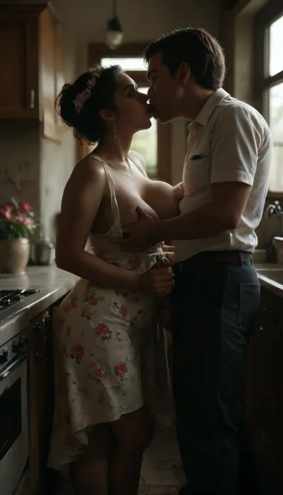 Mrs Shagwell beautiful curvy milf, 50 years old, housewife, (wearing a long and spacious flower print summer sundress:1.4), (her dress is undone and her saggy breasts with erect nipples are visible, braless), ((A woman is in the kitchen in a poor apartment and looks out the window)), loving expression, cleavage, legs apart, ((a man, tall and dressed as a courier), , , stands behind her, kissing her and squeezing her tits, cum is dripping on to the chair, (the woman is masturbating the man, giving him a handjob), , :1.8), view from below and side, perfect fingers, perfect anatomy, (natural dark brown elegant hair-style long), natural breasts, voyeuristic, style, Very chubby woman, chubby woman, big sagging breasts, busty, wide hips, brunette hair, A mature with big long sagging breasts, (bokeh:1.2), (long exposure:1), (backlight), <lora:gyakutaiojisan_bed_AB_XL:.5>, <lora:dark:.2>, <lora:MJ52:.8>