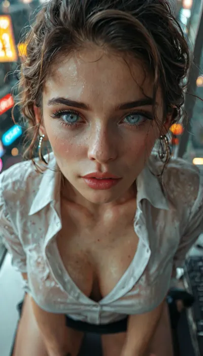 Close up, Stunning 30 year old secretary, on knees looking up at viewer in high rise office at night over looking a city, hair tied up, tight black satin blouse, pov viewer looking down on her from above full body shot, sexy expression, <lora:MJ52:.2>, <lora:BUT_SDXL_SHS:.9>, <lora:add-detail-xl:1.7>, <lora:CinematicStyle_v1:2>