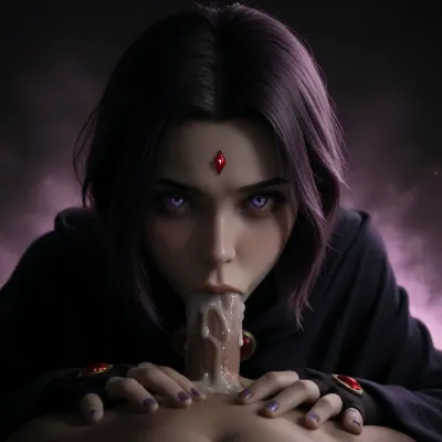1girl, Raven, Titans, 32, big eyes, glowing eyes, glowing diamond gem on forehead, purple hair, pale skin, purple cloak, sucking viewer pov, (deepthroat deep), (face against crotch), cum flowing on penis, (facialized, excessive cum on face), hands on crotch, fingerless gloves, purple nail polish, entirely glowing purple background, closeup, raven, <lora:Raven_XL:.8>, <lora:dark:.8>, <lora:add-detail-xl:.8>