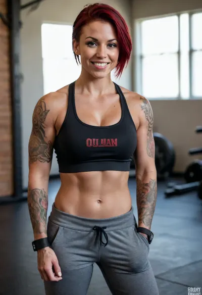Buff woman, ((muscular)), (toned), (tomboy), busty, large breasts, medium/short straight black/red hair, black sports bra, gray sweatpants, tanned skin, cocky grin, tattooed arms