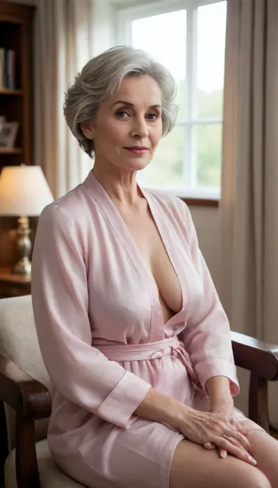 An elderly woman with short, styled grey-blonde hair sits posed, looking directly at the camera. She slightly plump. She is showing her breasts. She is sitting.
She wears a sheer, pink, loose open robe. The robe is undone revealing her large saggy breasts, large dark nipples and chest. breasts and dark nipples are visable. A small tufts of her dark public hair is slightly visible.
The robe's fabric is delicate and slightly wrinkled, suggesting a lightweight, possibly synthetic material. Her hands are clasped over her lower abdomen, drawing attention to a silver ring on her left ring finger and a silver bracelet on her left wrist. Her fingernails appear neatly trimmed and possibly polished a pale pink or neutral color. The woman's facial expression is serene, almost a slight smile playing on her lips. The setting appears to be a living room. Behind her, a picture, possibly a landscape featuring water and hills, hangs on a wood-paneled wall. The wall itself has a textured, likely wallpapered surface. To the right, a dark wood display cabinet with glass doors showcases various items, though their details are obscured by reflections and distance. A second, smaller, white shelf hangs above the cabinet, holding framed photographs and figurines, hinting at personal memories and collections. Beige curtains hang to the right of the cabinet, adding a soft touch to the room. A portion of a patterned sofa, likely plaid or striped in dark colors, is visible in the lower right corner of the image. The lighting in the room is even, suggesting a daytime photograph taken with natural light supplemented by indoor lighting. The overall impression is one of a candid, intimate portrait within a comfortable, lived-in space. The woman's direct gaze and the revealing nature of her attire suggest a level of comfort and self-acceptance.