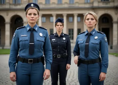 two women, german policewomen, 35-years old, full body view, front view