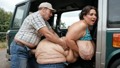 A gas station attendant in a gas station attendant's costume has groping sex with a horny aged trucker, a man in a cap and a plaid shirt, jeans are down, sex in clothes, torn clothes of a girl, extreme fat, obese, (little bit cellulite), bbw woman tanned skin, one aged man trucker, gas station, truck stop, hard groping, girl moaning and resisting, man holding girl by hair, girl 40 years old, mature, chubby, busty, milf, man groping fat girl in various position, man biting girl, girl with naturel saggy breasts
no intercourse-only groping and grabbing
fat sagging belly hard grabbed and squeezed by the aged trucker man