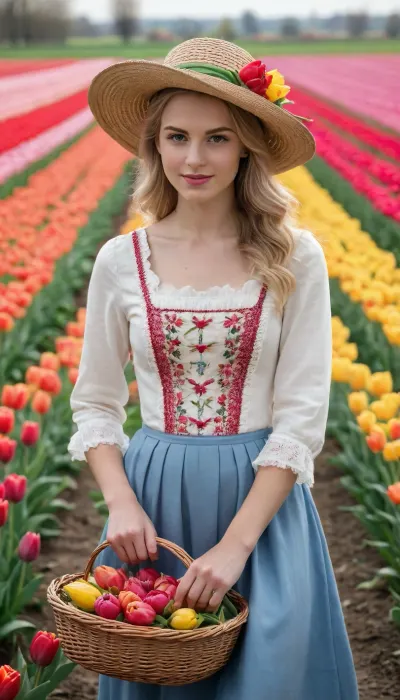 A 28-year-old Dutch woman with fair skin and loose, wavy blonde hair gracefully picks tulips in a vibrant field that stretches to the horizon in the Netherlands. She wears traditional Dutch attire, a fitted black bodice with intricate floral embroidery, a dark blue skirt with subtle tulip prints, and an elegant white bonnet with delicate lace trim. Bending slightly, her carefully detailed hands, lifelike fingers, and perfectly trimmed nails delicately pick tulips in vibrant shades of deep red, bright yellow, and soft pink, placing them in a woven wicker basket overflowing with blooms at her feet. The field is a sea of ​​colorful tulips, their bright petals swaying in the gentle breeze, framed by lush green stems under a light blue sky with fluffy white clouds. The soft natural light casts subtle shadows, highlighting the textures of her embroidered dress, the worn basket, and the bright tulip petals. The scene is photorealistic, captured as if shot with a Canon EOS R6 200mm prime lens at f/2.0, with a shallow depth of field that focuses on the woman and her basket over a wide, slightly blurred field. Hyper-realistic textures, cinematic composition, high dynamic range, vibrant yet natural colors, a serene, pastoral atmosphere, and a refined style.