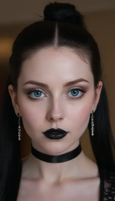 (Ultra realistic, award winning photo, very detailed, 8K, best image quality), focus on face, (pale skin:1.9), (huge eyes:1.7), (iceblue eyecolor:1.5), (black matte lipstick:1.6), (goth makeup:1.5), (her long straight black hair is tied back in a ponytail except for one strand that falls across her face:1.5), (very long eyelashes:1.3), black hair, smiling, smokey eyes, septum piercing