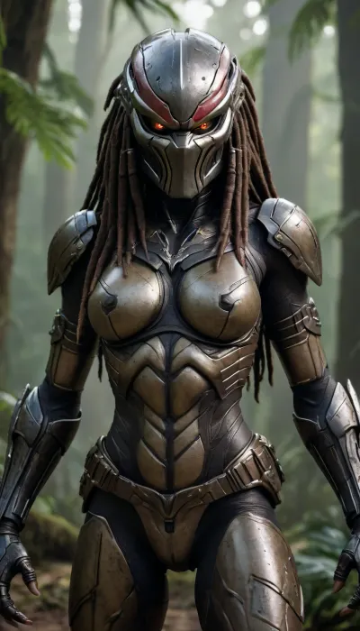 The main subject of the shot, (((super sexy girl, warrior predator))), is positioned in the center of the image, with an impressive, warlike appearance. The predator is dressed in detailed metal armor covering her shoulders, arms, and legs., (((large sexy breasts exposed))), The armor has a battle-worn look with intricate patterns and textures. Her head is hidden by a helmet with dreadlocks and a mask of a space design. The predator stands in a confident, powerful pose, seemingly ready for battle. The background shows a blurred tropical environment, hinting at a jungle or an alien planet. The lighting is dramatic, with shadows and highlights emphasizing the armor and shape of the predator. The overall style is photorealistic, with detailed reproduction of textures and materials. The camera is positioned at a medium height, looking slightly upwards at the predator, which creates a sense of the impressive size of the subject. The color palette ranges from dark metallic grays and blacks for the armor to browns and greens for the environment. Details include alien symbols and mechanical components.The main subject of the shot, which creates a sense of the impressive size of the subject. The color palette ranges from dark metallic grays and blacks for the armor to browns and greens for the environment. Details include alien symbols and mechanical components.