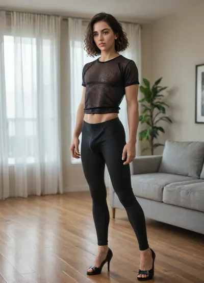 feminin boy solo in living room, blue, (shiny:1.5), yoga pants medium, medium penis, bulge black net shirt, high heels