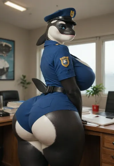 ((female orca, killer whale)), detailled blue eyes, huge breast, large ass, thick thighs, (Office), (((high Quality, furry woman, killer whale skin, police uniform))), award photo, ultra hd body