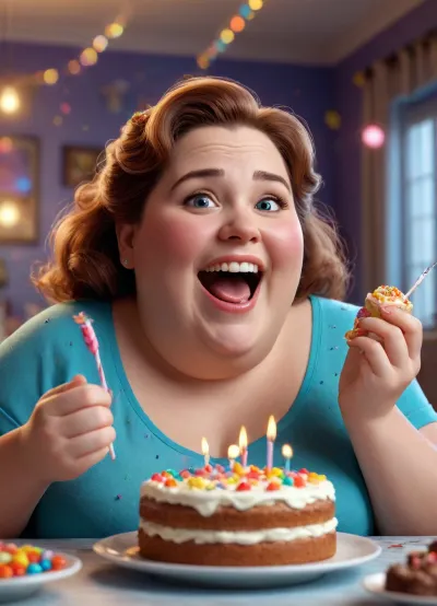 illustration, adorable, smiling, happy, mature obese woman eating cake, candies flying all around her, Pixar, Disney, cinema lighting, 8k, magic, love, vibrant colors