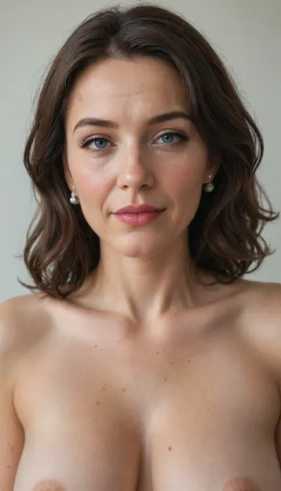 (mature, milf:1.5), An aged 65 year old woman posing with long light black hair with steaks of grey, the hair is medium-length, (very straight), and neatly parted in the center with strands of hair framing her face.
She has blue eyes that are deep-set, the eyes are medium in size and thin, and appear to have a neutral or contemplative expression. Her eyebrows are very light blonde in colour, they are thin, and follow a slightly curved shape.
Her aging face is elongated and slightly angular, with a defined but softer jawline. Her nose is straight and proportionate, with a slightly rounded tip.
Her cheeks are gently contoured with a slight hollowness that accentuates the structure of the face.
Her jawline is well-defined but softened by age, tapering into a slightly pointed chin.
Her lips are very thin, and neutral in expression, with no visible smile.
Her neck shows visible lines and natural aging.
Her skin is fair and shows natural signs of aging, including fine lines and wrinkles around the eyes, wrinkes on forehead, and wrinkes around the mouth area.
She has size 34b breasts.
She is standing fully naked in full view of the camera.