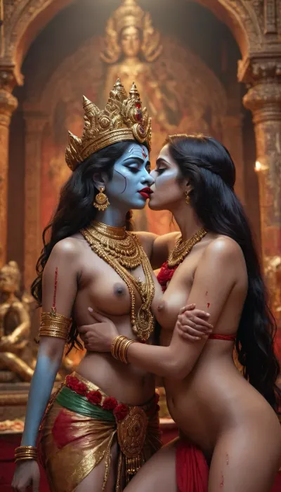 Indian goddess kali and Durga kissing in temple surrounded by corpses and naked