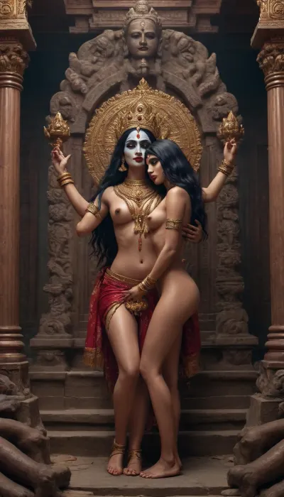 Indian goddess kali and Durga kissing in temple surrounded by corpses and naked