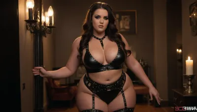 A very beautiful girl with dark straight long hair, very bright eye makeup, large expressive eyes, evening makeup, without clothes, black choker around her neck, ((black leather harness with rivets on her chest)), lush beautiful breasts, no panties, large light nipples, nipples with large halos, fat belly, black garter at the waist, in full height, beautiful rounded hips, black leather straps with rivets on her legs, mesh stockings, boots with very high heels, full height, beautiful interior, rich interior, dark room, dark interior, candles on the walls, soft warm light from candles., ((many well dressed men are watching her)), ((BBW:1.6)), ((huge real saggy boobs:1.3)), ((full body view)), ((exposed pussy)), ((muscular thighs and calves))