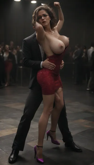 Ultra realistic, very high definition photo, Full length, full body view, side view, woman looking back at viewer, (dancing with a man, facing him, (tall man dressed in suit, with his cock sticking out of his trousers), , , on a crowded disco club dance floor:1.3), elegant, elaborated beautiful french woman, busty MILF, masterpiece, ((fully dressed, massive cleavage, tits just covered:1.4), wearing a low neckline halter neck purple evening knee length dress, split to thigh height), MILF, 40 year old, big saggy breasts, milf body, messy dark brown very long hair, dark tanned skin, tan lines, angry attitude, arrogant attitude, dominant face, bitchy face, looking very upset and angry, looking at the viewer, intense stare, look at the viewer, eye contact, angry, looking wearing heavy rimmed glasses, (she is dancing, dress and hair swinging outwards as she dances), (the man and woman face each other, they are fucking as they dance, standing position, making love on the dance floor:1.5), garter belt, black stockings, purple high heels, very hairy pussy, (people dancing in the background:1.3), hard nipples. downblouse, nipslip, very, long, hair, hanging, dynamic, on, ground, <lora:RealDownblouseXL2:.8>, <lora:verylonghairv2:.8>, <lora:dark:.8>