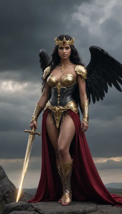 (((Blindfolded Themis))), A powerful, dark-skinned, long-haired maiden adorned with a golden crown, is the central figure standing in the center of the image. She has massive black wings covered with feathers. She appears to be 18 years old, wearing elaborate dark armor with gold detailing on her shoulders and chest, (((large, firm breasts))), and a long, flowing black and red dress with a high slit at the leg., (((In her left hand she holds a shining golden sword))), (((in her right hand she holds a scale))), . Her expression is stern and focused. The background is a dramatic, stormy sky over a rocky landscape. In the foreground, at the bottom of the frame, muscular nude figures, perhaps statues or fallen persons, are partially visible. The image is composed with a vertical orientation and a somewhat low angle, making the figure impressive. The lighting is gloomy, emphasizing the dark tones and contrasts. The overall style evokes a sense of epic fantasy or mythology, with an emphasis on themes of justice and power.