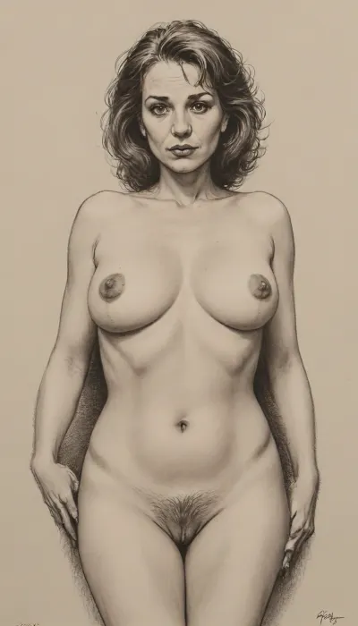Masterpiece, score_9, score_8_up, score_7_up, joan, A detailed black and white pencil drawing with clean lines and meticulous shading, sketch of a nude 55 yo mature woman with very long hair pulled into a bun on top of her head, (she is spreading legs to show open hairy pussy:1.6), spread legs, spread wet pussy, view of the mountains and forest, soft features, and a serene expression. She is hanging her breasts with both hands, her trimmed, hairy pussy in full view. The drawing should have delicate shading and intricate details, capturing the essence of the subject with fine pencil strokes, background is be simple, allowing the focus to remain on the portrait itself, drawing, by, NTY, v0ng44g, sk3tch, sexy, 34d tits, sagging tits, flat empty breasts, large dark areolas, thick waist, wide hips, big ass, fat thighs, extensive hairy pussy, (chubby:1.4), (belly folds:1.2), (mature face:1.8), 55 year-old mature milf, <lora:sketch_it:1.6>, <lora:vor_enki.sdxl.lora.v5:1.4>