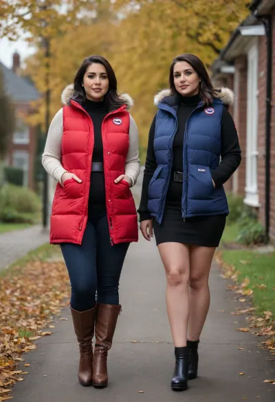 ((2 girls)), Two Pakistani MILFs, ((sbbw, snatched waist, big booty)), ((Pakistani clothing, Canada goose gillet, heels)), UK school run