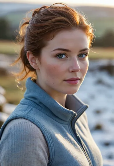 It is winter and a beautiful English woman, stands gracefully in a Yorkshire dales field covered in deep snow, wearing a powder blue tight sleeveless padded jacket, over a grey sweater gentle sunset light shines down, <lora:Midjourney Image Enhancer XL v1:.8>, short auburn hair blowing in the breeze, visible freckles, sun-kissed skin, 25 years old looking directly at the camera. Her very short hair pulled back into a short, ponytail, slicked back hair. Eye contact with the camera