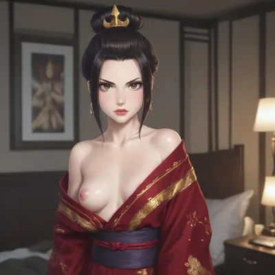 Azula from Avatar, photo of sexy brunette with pouty lips, DD cup size, shiny black pvc kimono, dark bedroom, flash photography