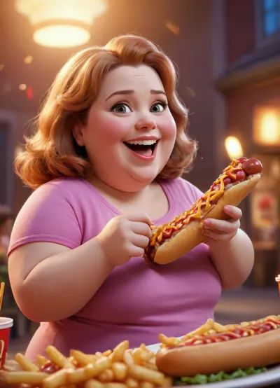 chibi illustration, adorable, smiling, happy, mature obese woman eating hotdog, bacon and fries flying all around her, Pixar, Disney, cinema lighting, 8k, magic, love, vibrant colors