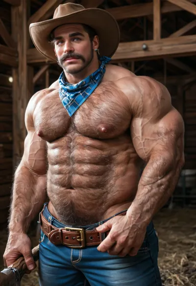 A big beefy sexy redneck daddy man, 45-years-old man, rednceck man, macho guy, brown hair, big thick brown mustache, excessive hairy body, (hairy body:1.6), big muscles, (big muscles:1.1), big pecs, wearkng tight plaid shirt, tight denim, bandana in pocket, bandana tied on belt, brown leather gloves, belt, stetson hat, in a fantasy worn barn, sunlights, sexy, hot, (timber:1.3), solo, gay man, only man, no women, front view, holds big axe in his hands...