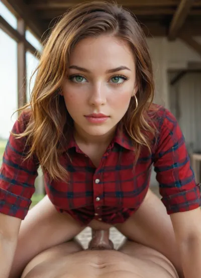 (27 year old), redhead, green eyes, freckles, perfect mouth, orgasm, eyes crossed, round tits, bent over, athletic figure, 5 fingers on each hand, cowgirl, red flannel shirt, dripping pussy, dripping creampie, riding a huge cock, pov, farm, view from behind, <lora:attractive_notrigger:.4>, <lora:PerfectEyesXL:.4>