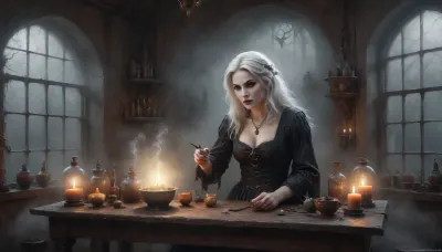 A slender Very sexy extremely flat-chested solo girl, (a witch prepares a magic potion:1.9), She wears an worn authentic wide open witch's outfit. Torn and holey clothes reveal sexy insights. Perfect face. A messy witch's kitchen deep in the forest. A crooked, miserable wooden hut, (A large pot simmers on the open fire.), colorful glowing magic potions are brewing. Numerous potion ingredients are lined up everywhere on the shelves. A highly detailed depiction of the witch's kitchen. The full moon bathes the room in silver light. The warm light from the fire and the candles in the room contrasts. break, (scary apparitions outside in the fog:1.8), ((ghostly, frightening huge white faces appear in the thick fog outside the window:1.8)), Black, and, white, art, black, pencil, shading, charcoal, drawing, toned, paper, brutal, dark, b/w, color, scheme, <lora:Black and white art.V1:1>, <lora:ahxl_v1:1.4>