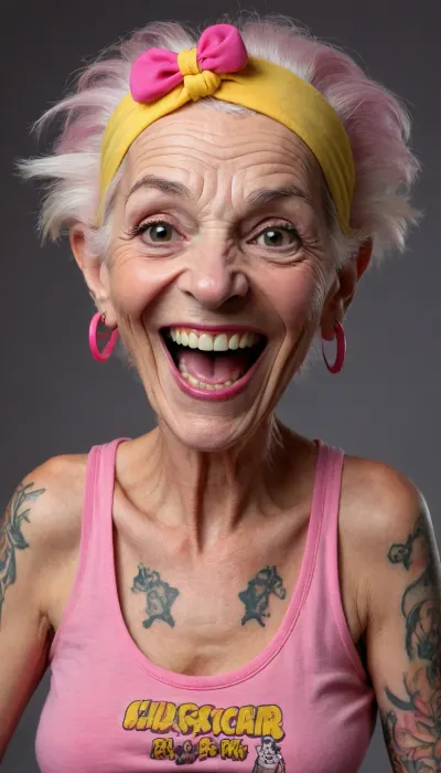 funny caricature, rebellious elder punk caricature, elderly caucasian female, 80 years old, Jennifer, tattooed skin, slicked-back white hair, gritty teeth, big cartoonish head, cartoonish limp saggy boobs, exaggerated caricature features, mischievous expression, (wearing pink headband), (yellow tank top), vibrant colors