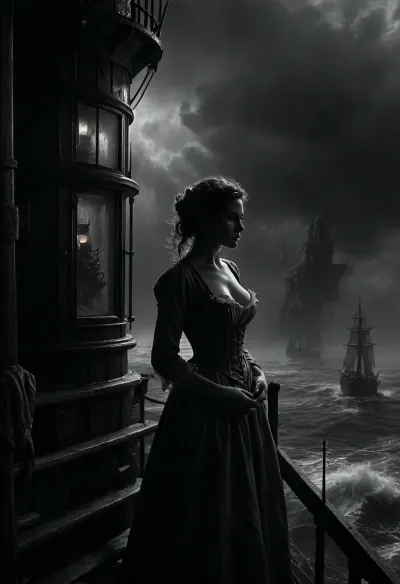 (Line art:2), ink drawing, Cowboy shot, 16 century, (stunning sexy rough lighthouse keeper stands inside glass cabin on top of Lighthouse:1), looks down to a three-masted sailing ship, (ship in distress:1.5), strong backlight from bright beacon illuminates her back and the darkness, (hurricane outside:1), (hard rain outside:1), (meter-high waves:1), undone linen shirt over a corset, firm breasts with long nipples, upper torso and a hint of cleavage visible exposed boobs, wind-torn coat, weras working clothes, large storm surge, rough sea, whitecaps, spray, haze, a three-masted sailing ship in distress in the background, 7-FineLine, Inkdrawing, cloudy, smoke, atmospheric, clouds, fog, <lora:MJ52:2>, <lora:Fine Line v1.0:2>, <lora:SDXL_Inkdrawing_v1:2>, <lora:Cloudy_Style:.8>, <lora:dark:.3>