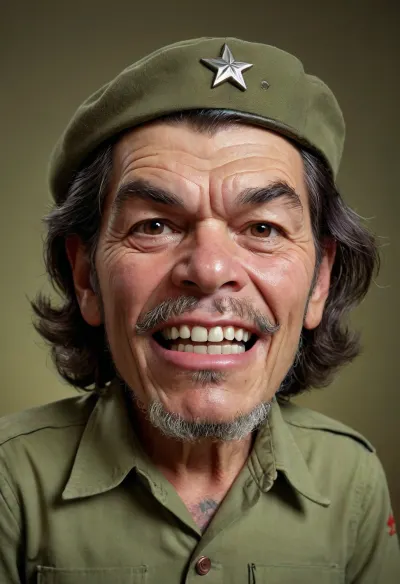 ((Che Guevara)), funny caricature, rebellious elder caricature, elderly male, 70 years old, tattooed skin, gritty teeth, big cartoonish head, exaggerated caricature features, mischievous expression, wearing olive green shirt, vibrant colors